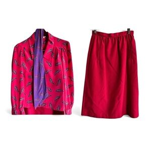 VINTAGE - Personal Petites Long Sleeve Res/Purple Blouse with Red Skirt -Size 4P